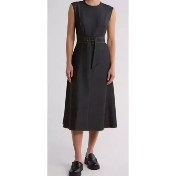 Calvin Klein Soft Jean A-Line Dress Exposed Back Zipper Attached Belt Size 16 - Picture 2 of 10